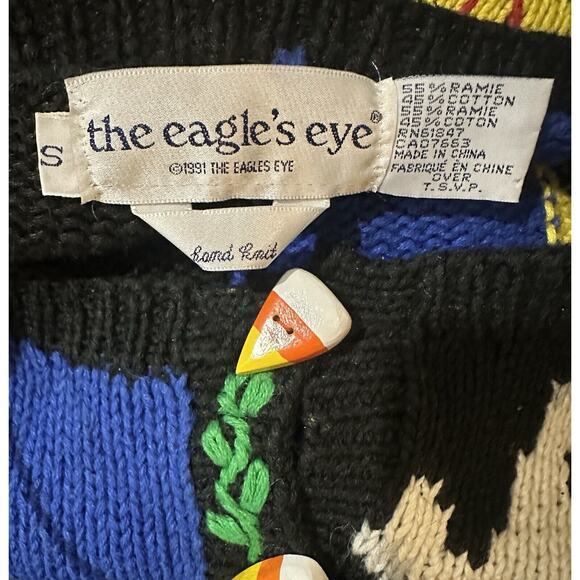 *Flawed The Eagles Eye Halloween Cardigan Sweater Hand Knit Candy Corn Buttons S - Picture 13 of 15